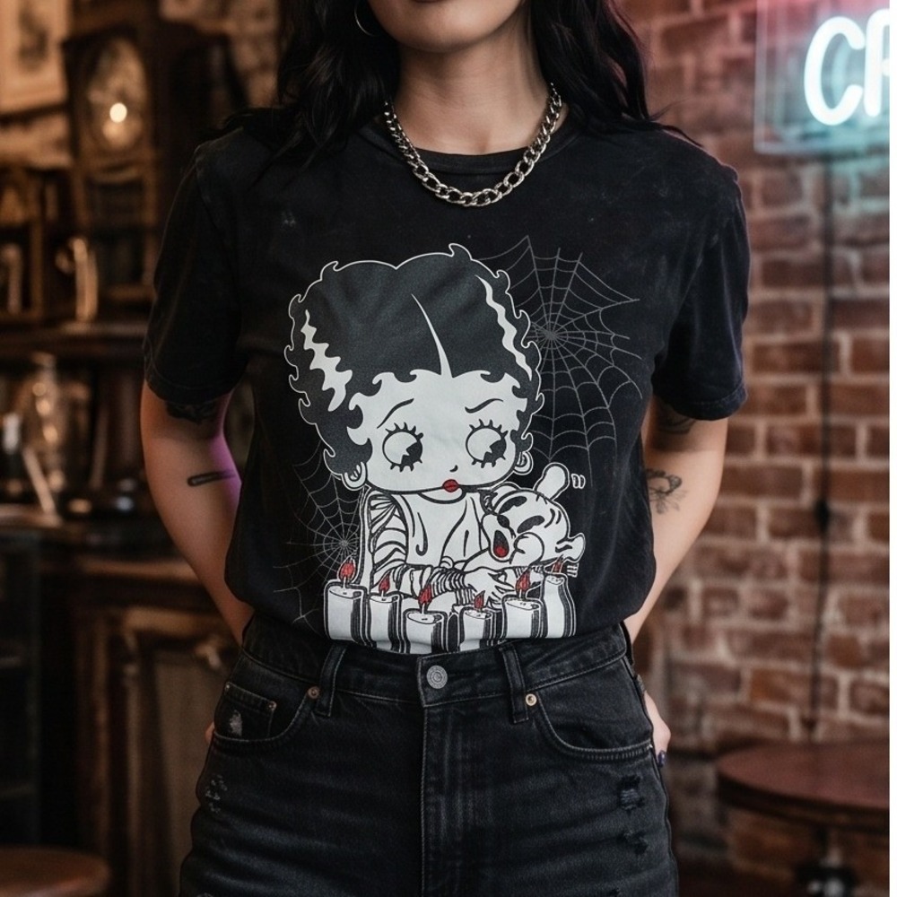 Betty Boop XL Bride of Frankenstein Boop-O-Ween Black Acid Wash T-Shirt XL